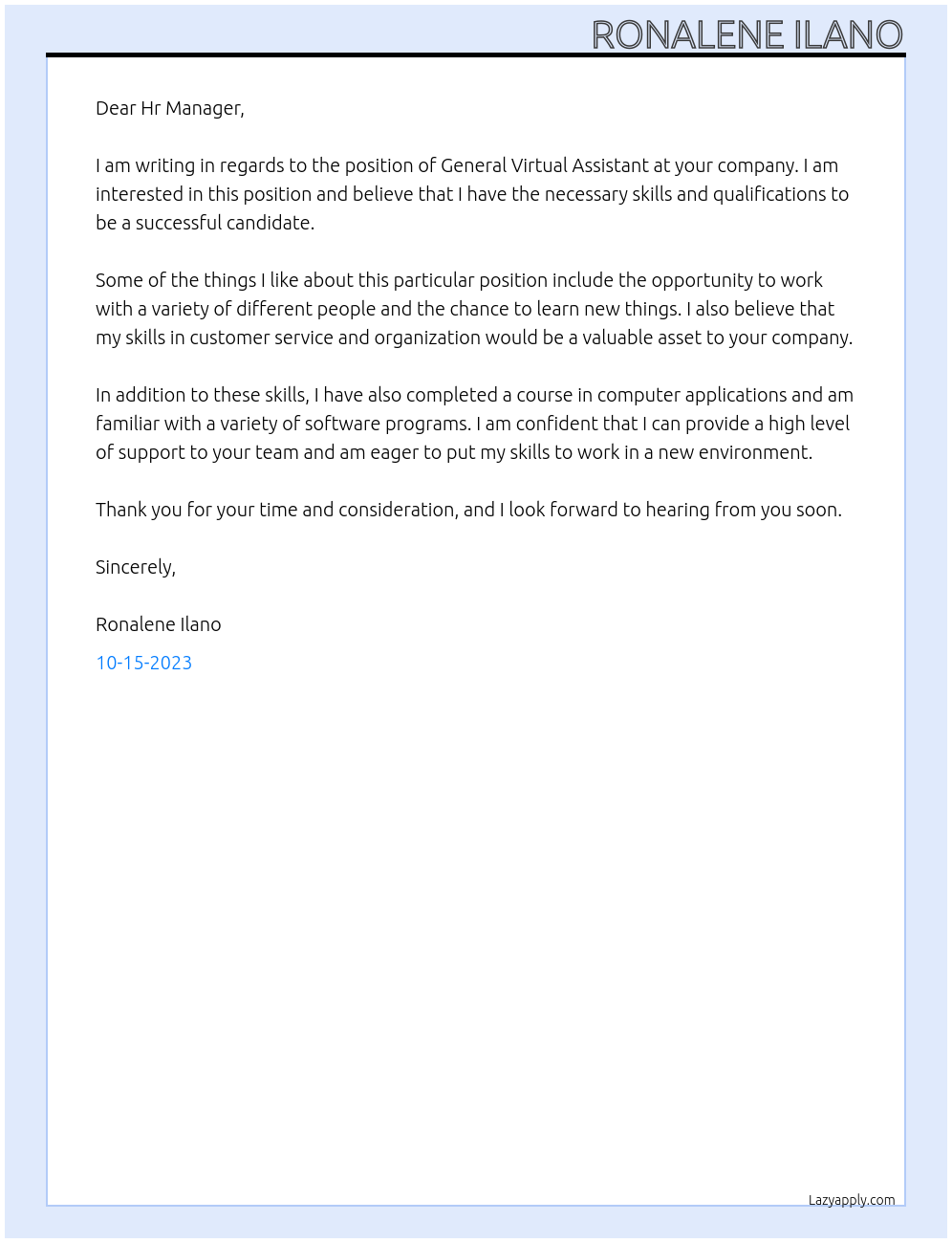 General Virtual Assistant At company Cover Letter