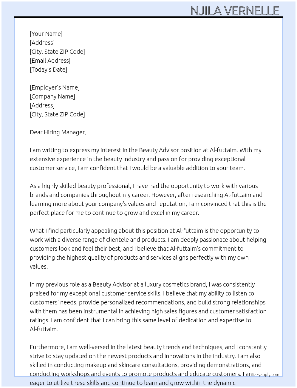 Beauty advisor At Al-futtaim Cover Letter