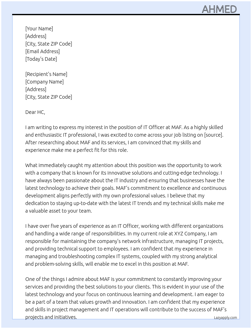 IT Officer At MAF Cover Letter