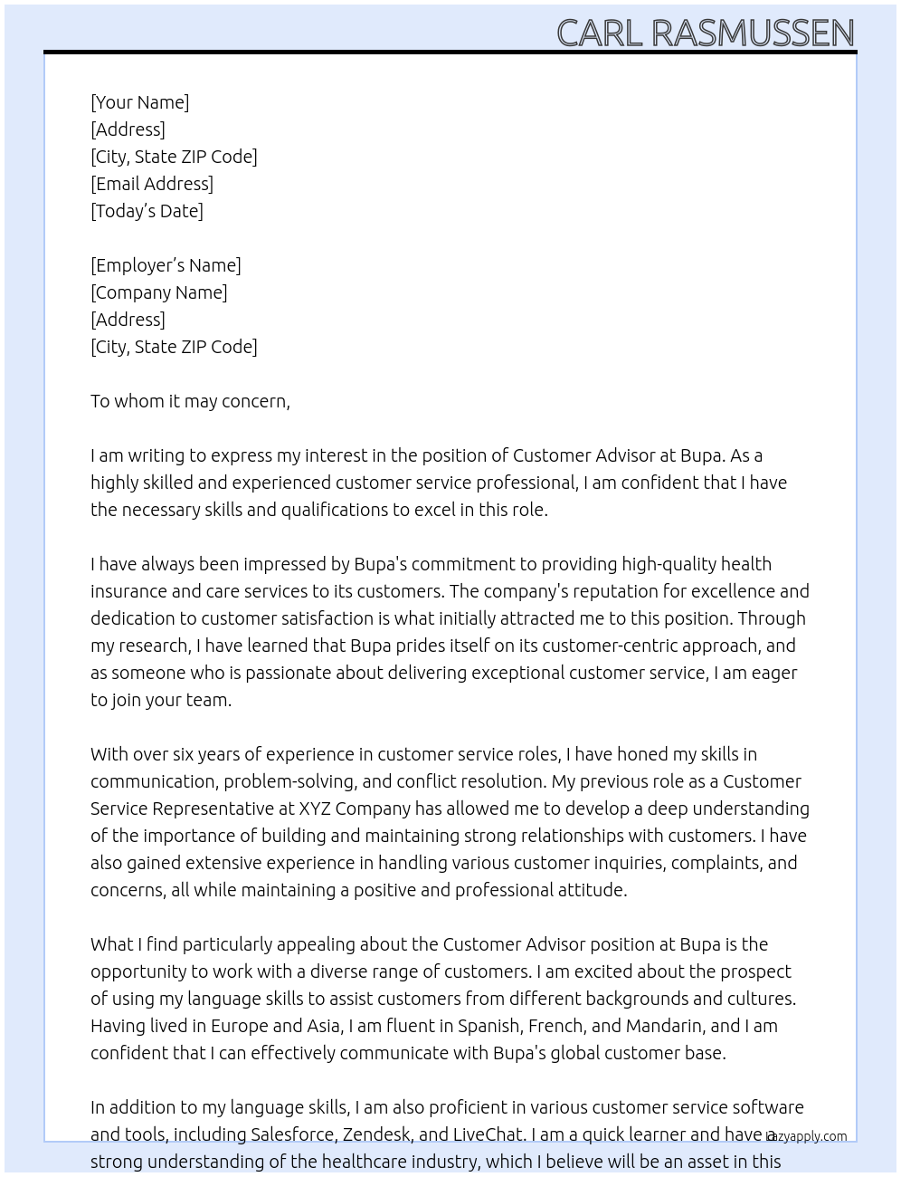 Customer Advisor At Bupa Cover Letter
