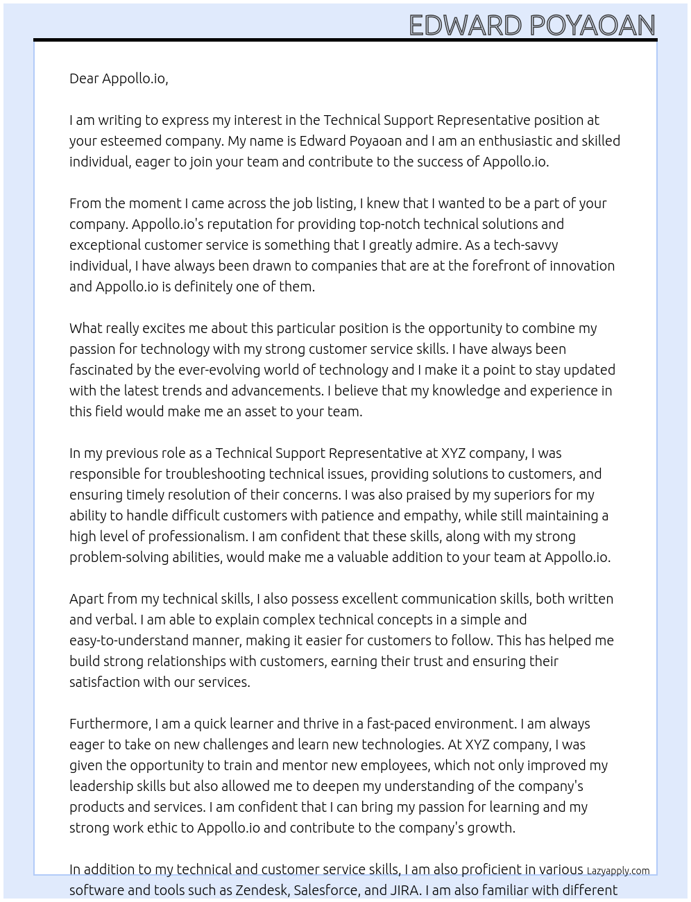 Technical Support Representative At Appollo.io Cover Letter