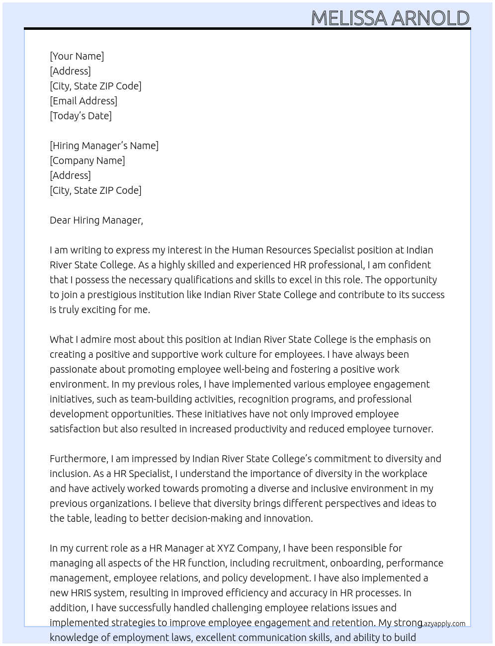 Human Resources Specialist At Indian River State College Cover Letter