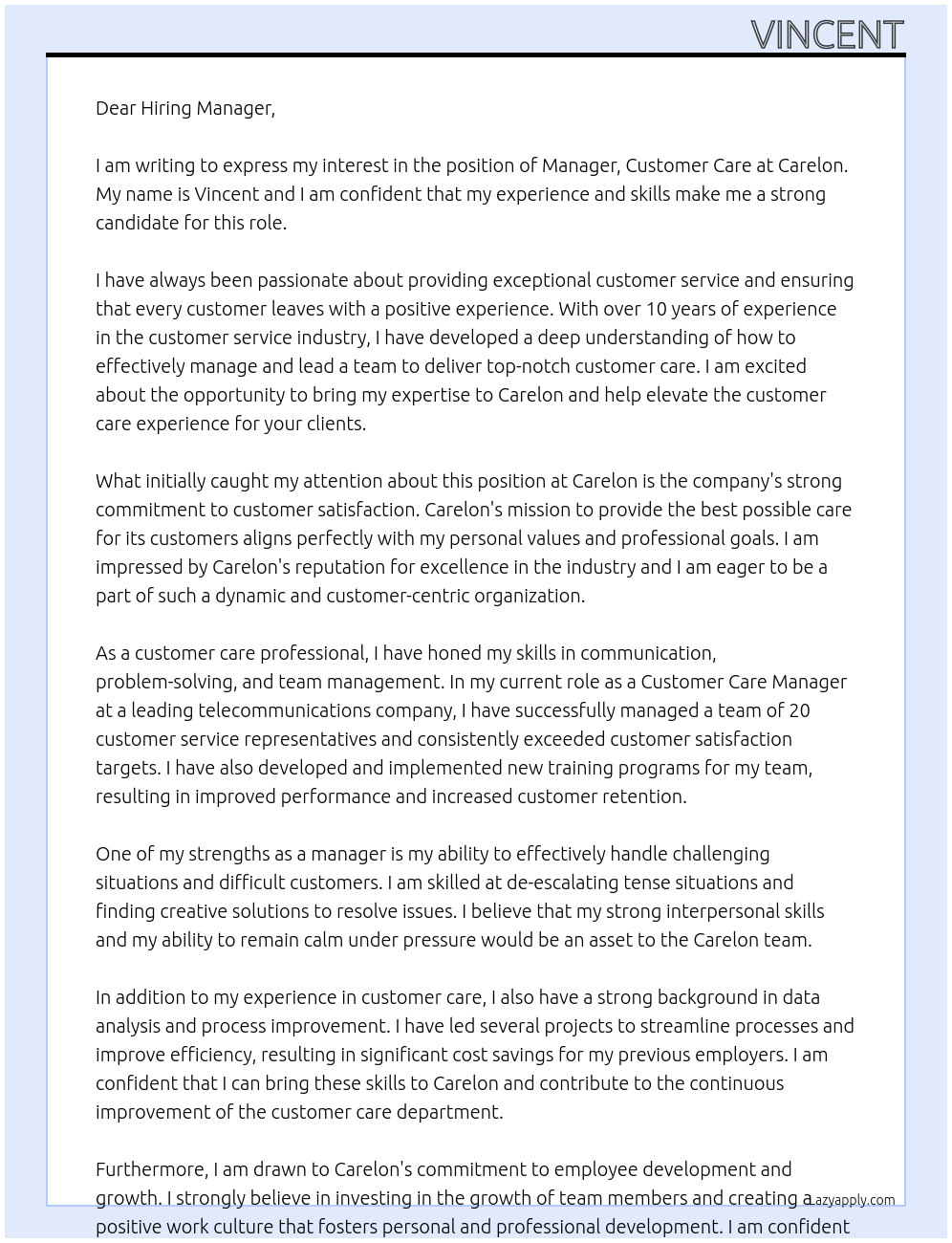 Manager, Customer Care At Carelon Cover Letter