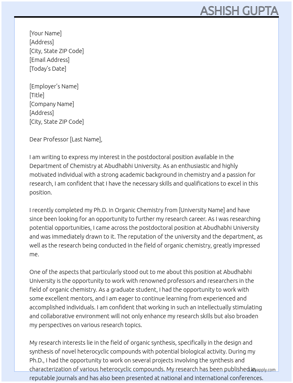 postdoctoral position At department of chemistry, abudhabhi university Cover Letter