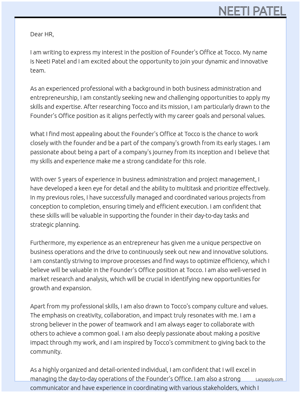 Founder's office At Tocco Cover Letter