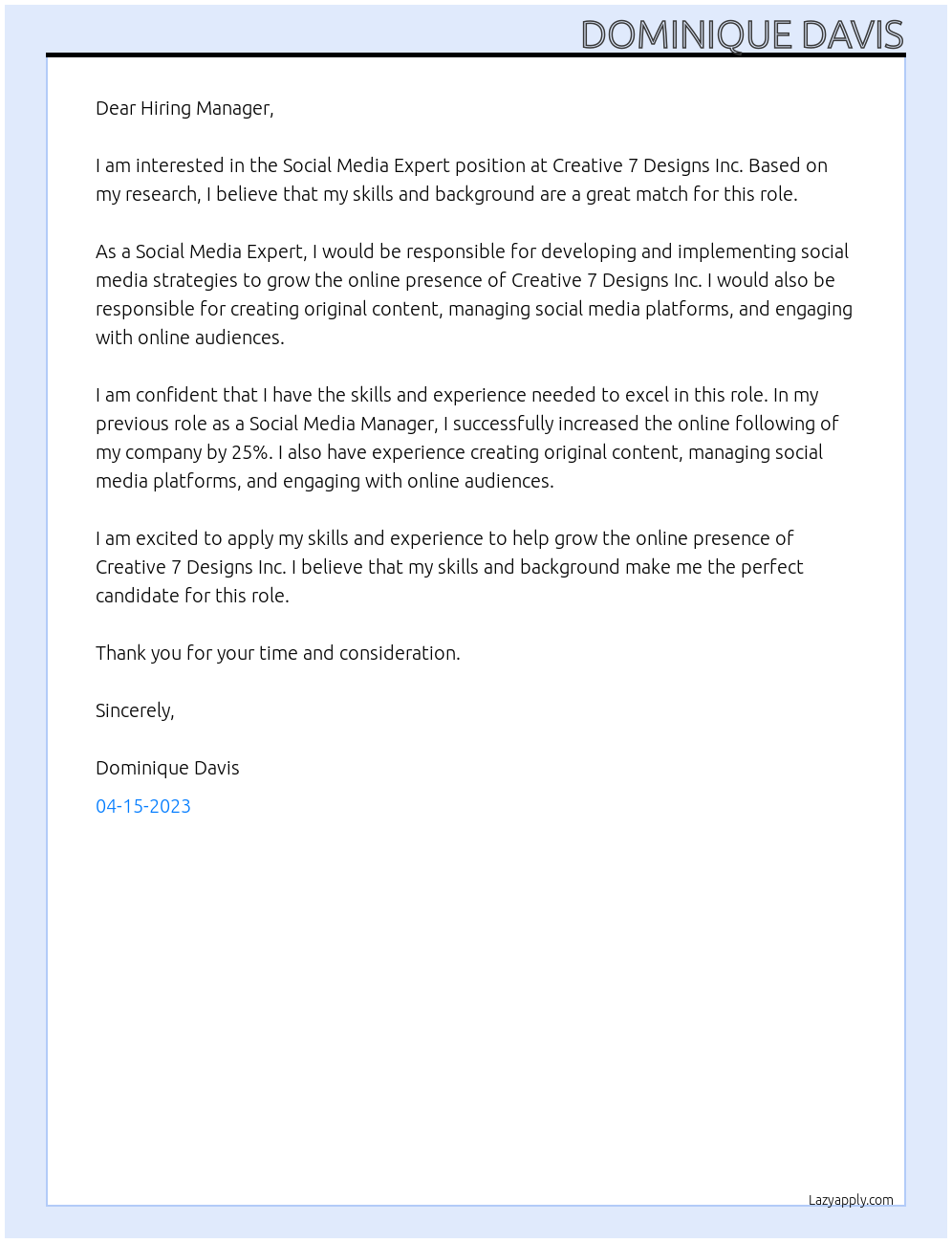 Social Media Expert At Creative 7 Designs Inc. Cover Letter