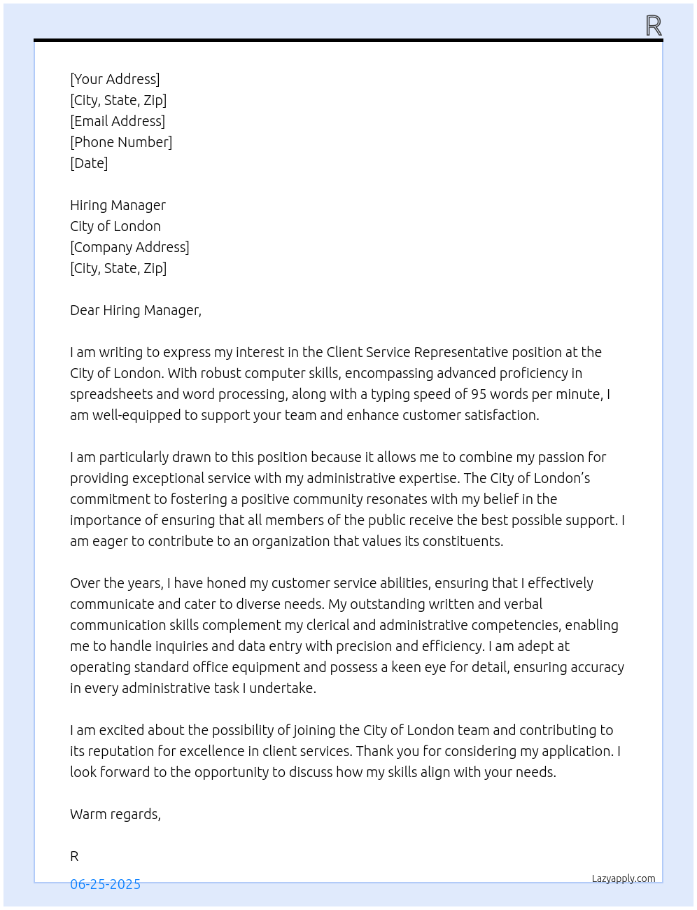 Client Service Representative At City of London Cover Letter