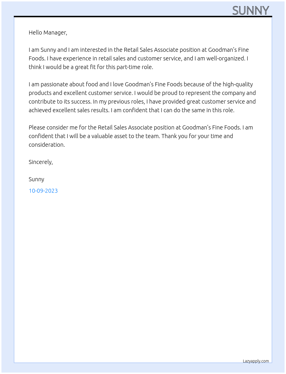 Retail Sales Associate At Goodman’s Fine Foods  Cover Letter