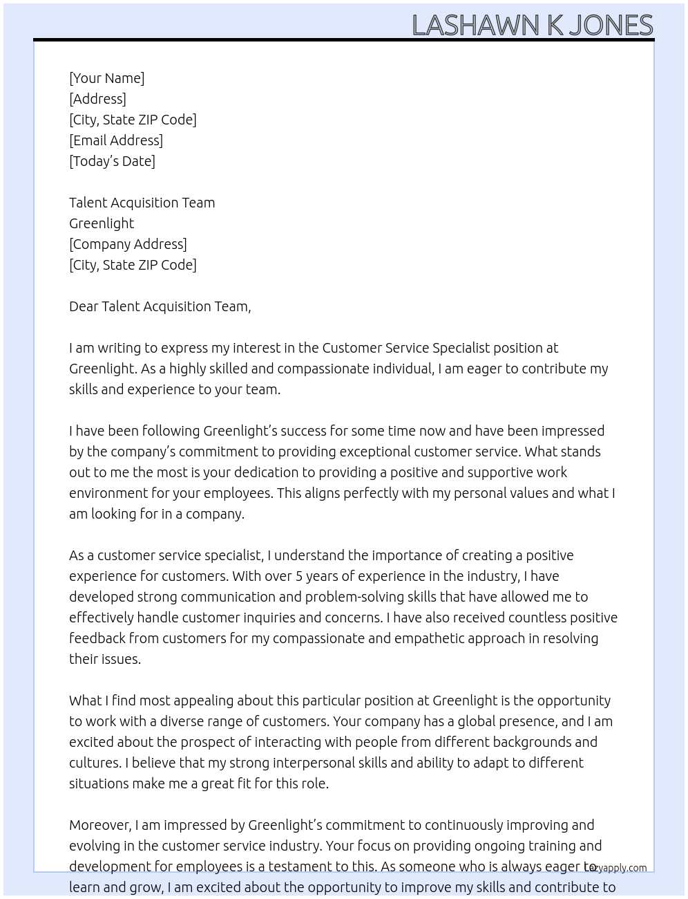 Customer Service Specialist At Greenlight Cover Letter