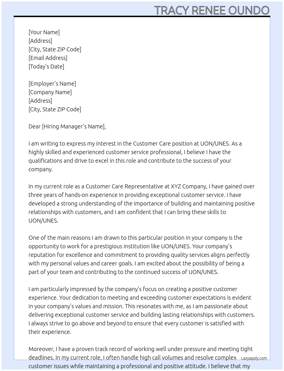 Customer care  At UON/UNES Cover Letter