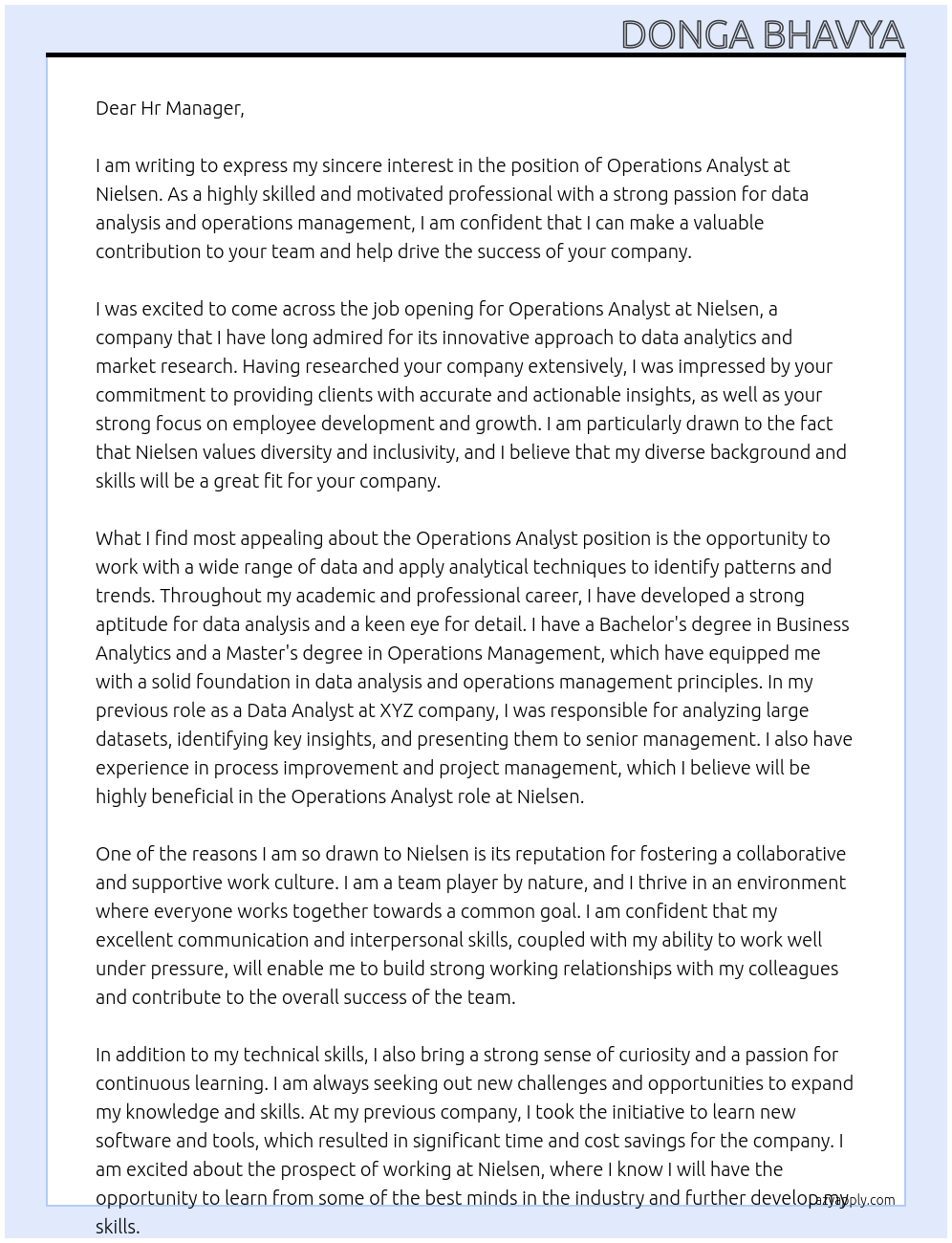 operations analyst At Nielsen Cover Letter