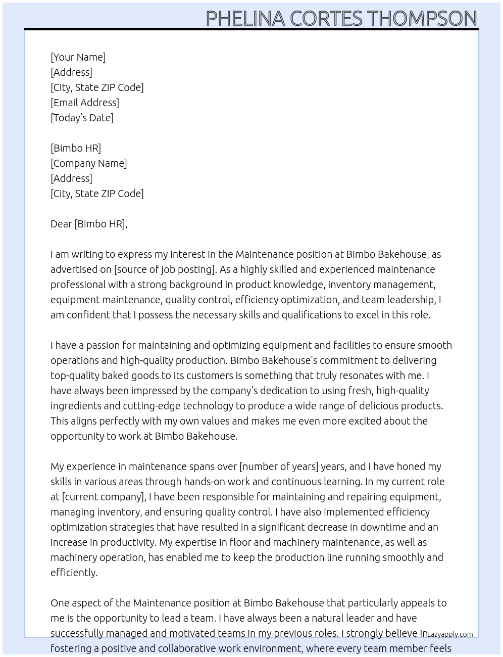 Maintenance At Bimbo bakehouse Cover Letter