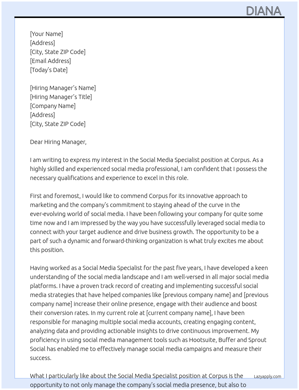 Social Media Specialist At Corpus Cover Letter