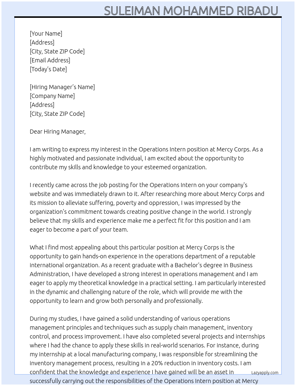 Operations Intern  At Mercy corps Cover Letter