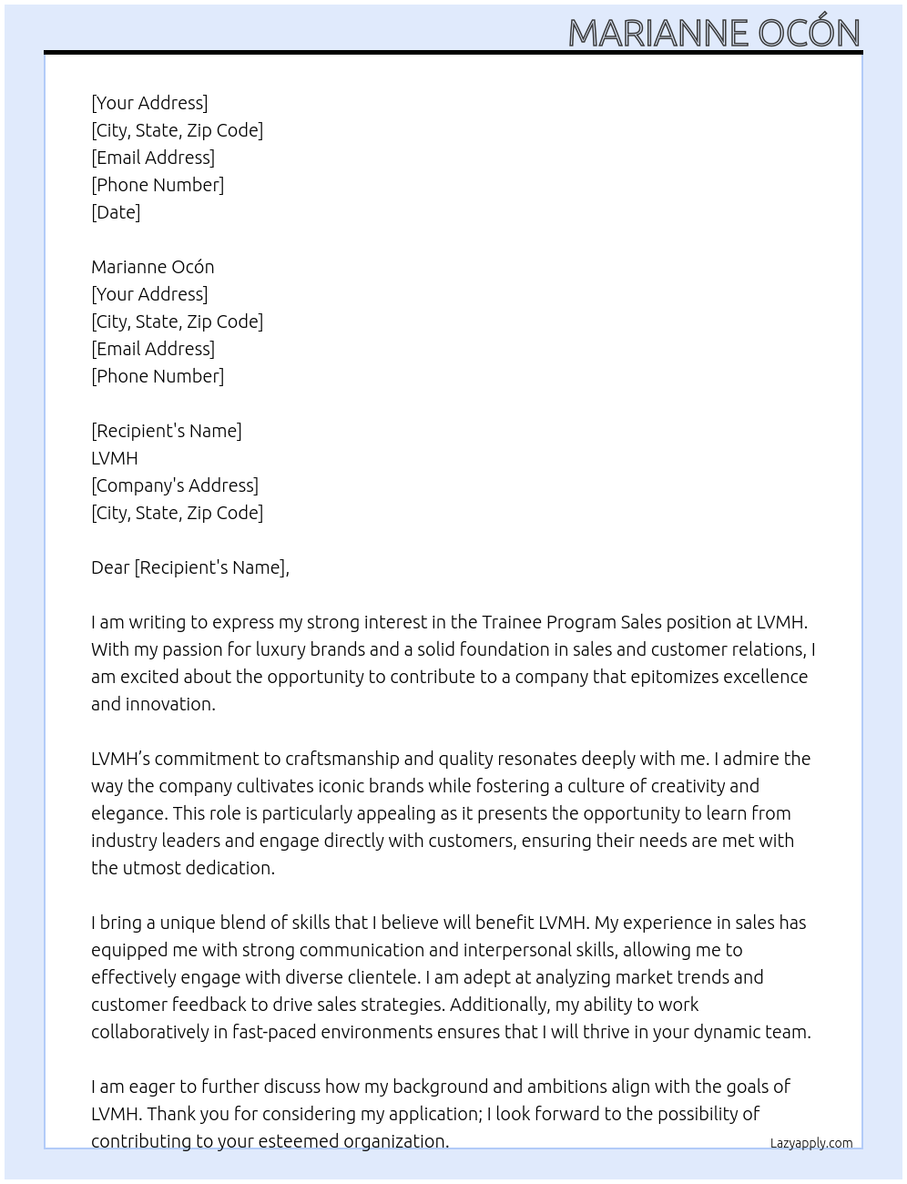 Trainee Program Sales At LVMH Cover Letter