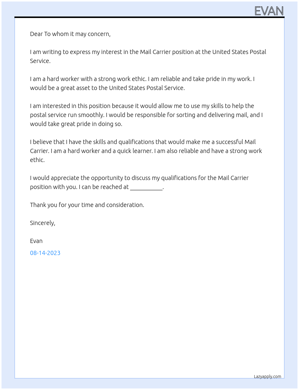 Mail carrier At United States postal service  Cover Letter