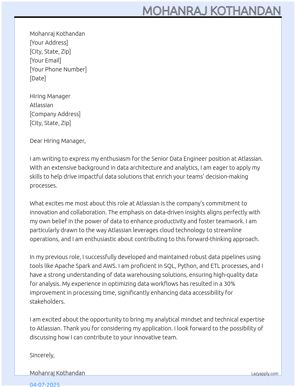 Senior Data Engineer At Atlassian Cover Letter