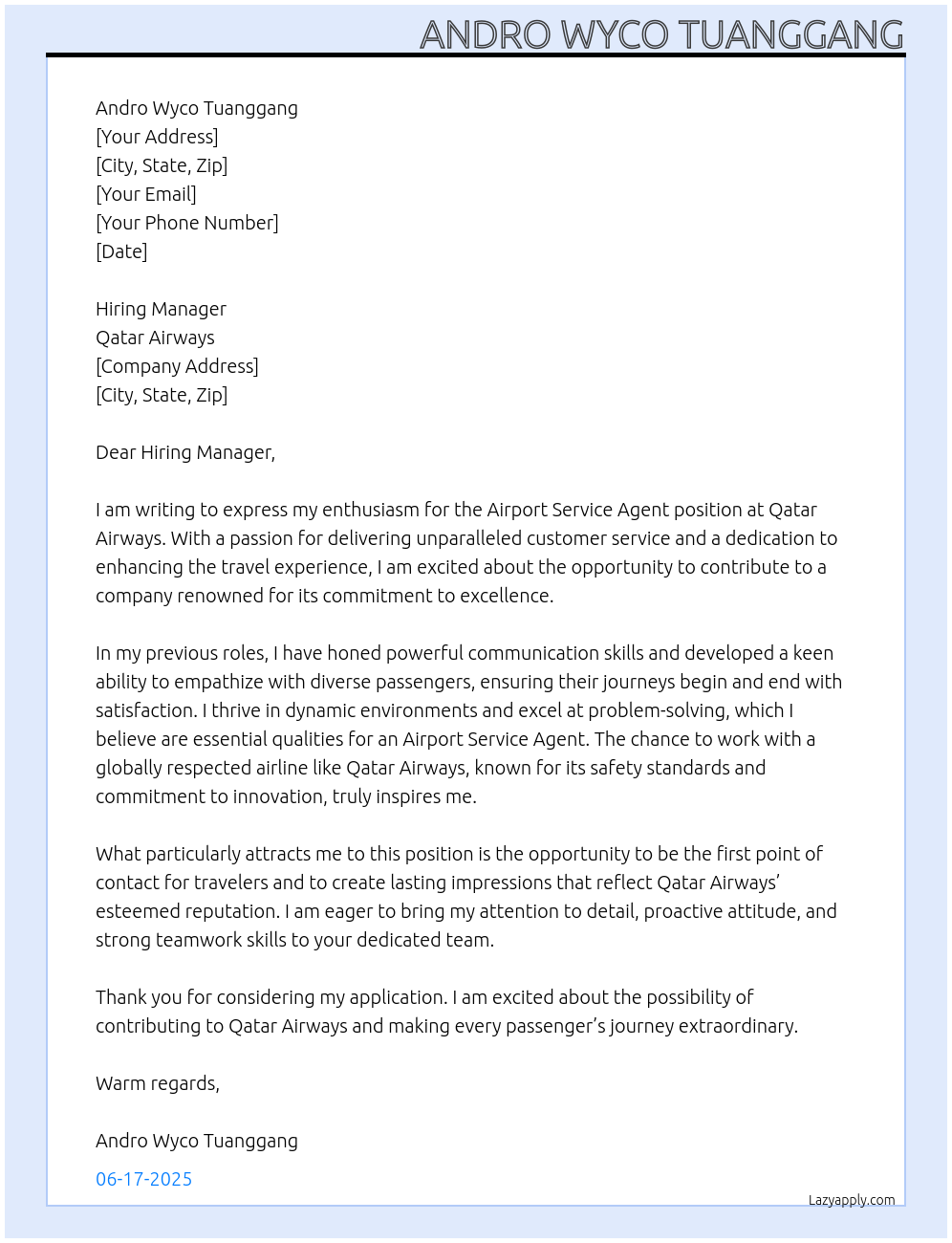 Airport Service Agent At Qatar Airways Cover Letter