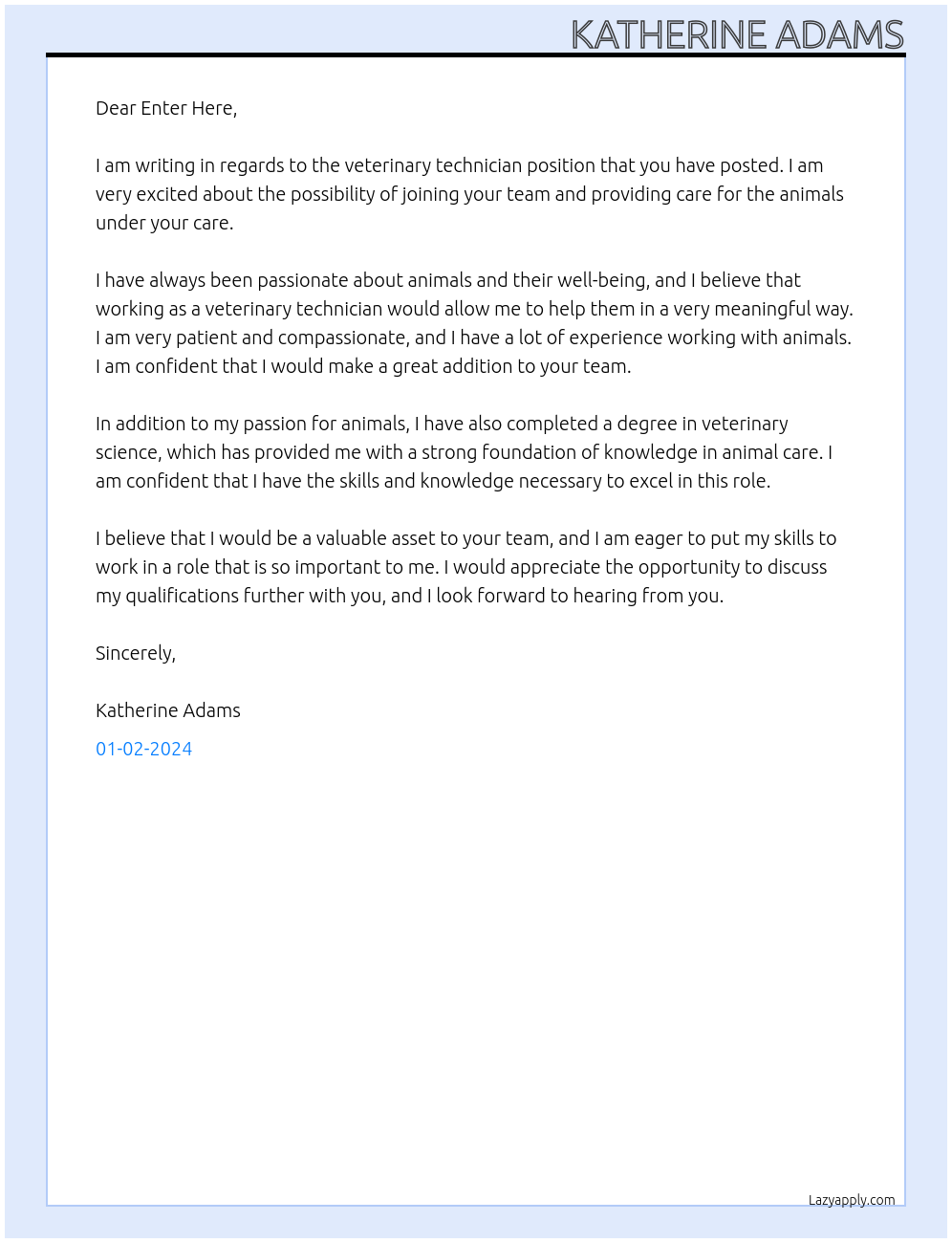 Veterinary technician At Enter here Cover Letter