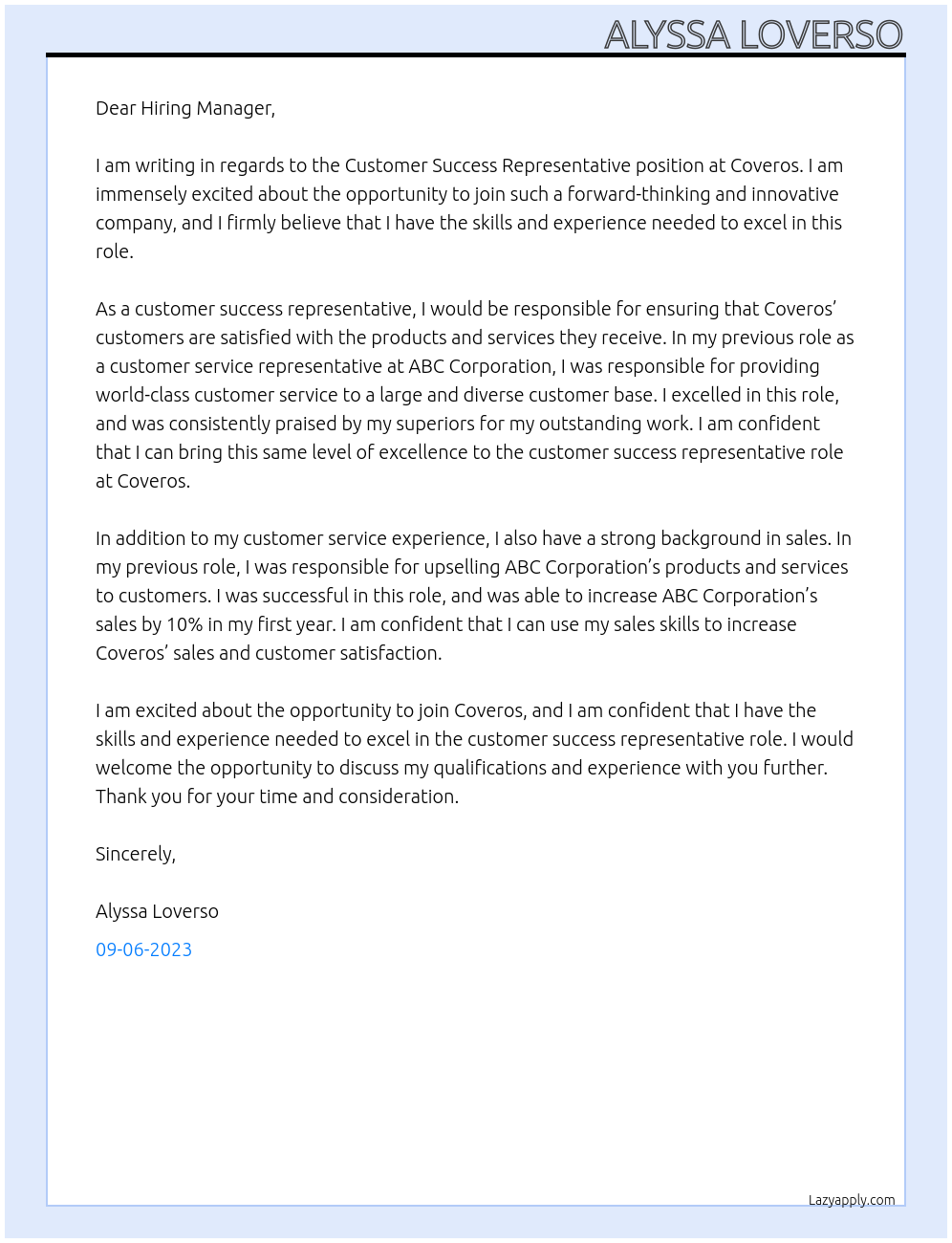 Customer Success Representative At Coveros Cover Letter