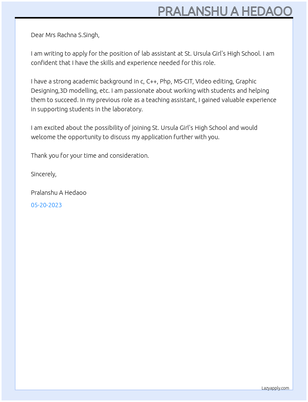 lab assistant At St. Ursula Girl's High School Cover Letter