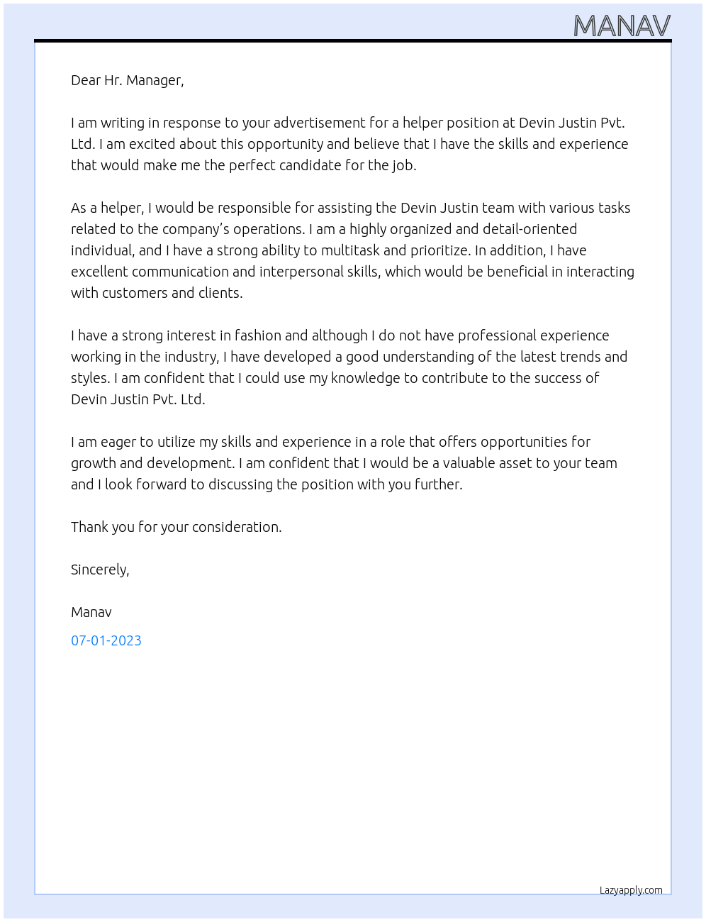 Helper At Devin Justin Pvt. Ltd. Cover Letter