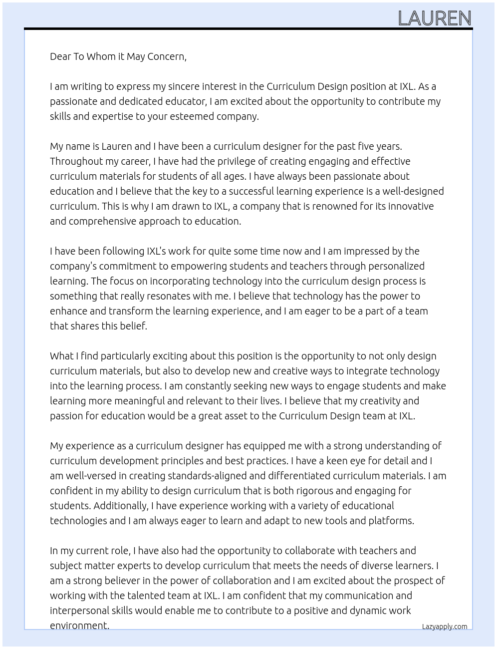 Curriculum Design At IXL Cover Letter