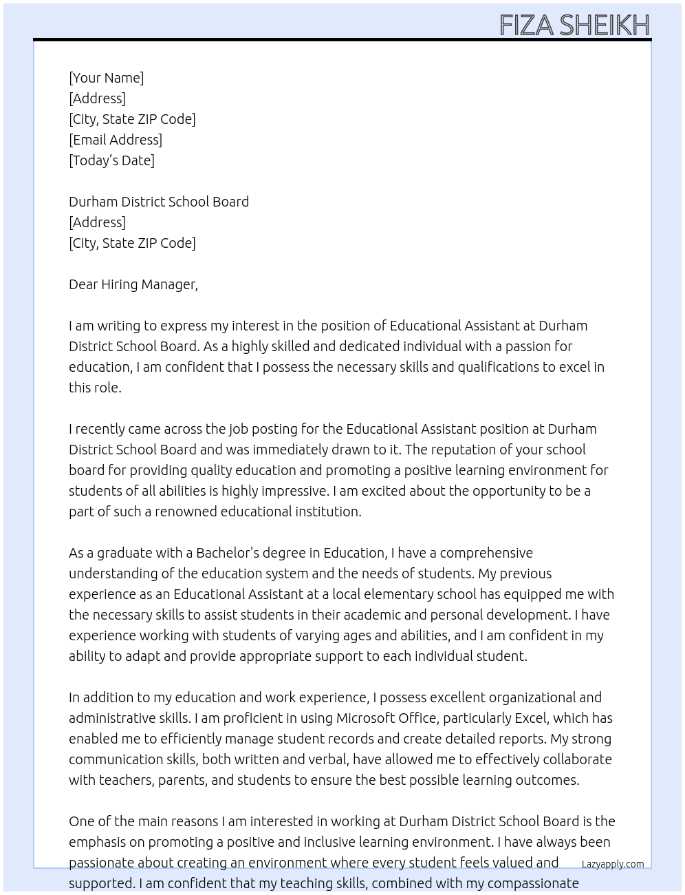 Educational Assistant At Durham District School Board Cover Letter