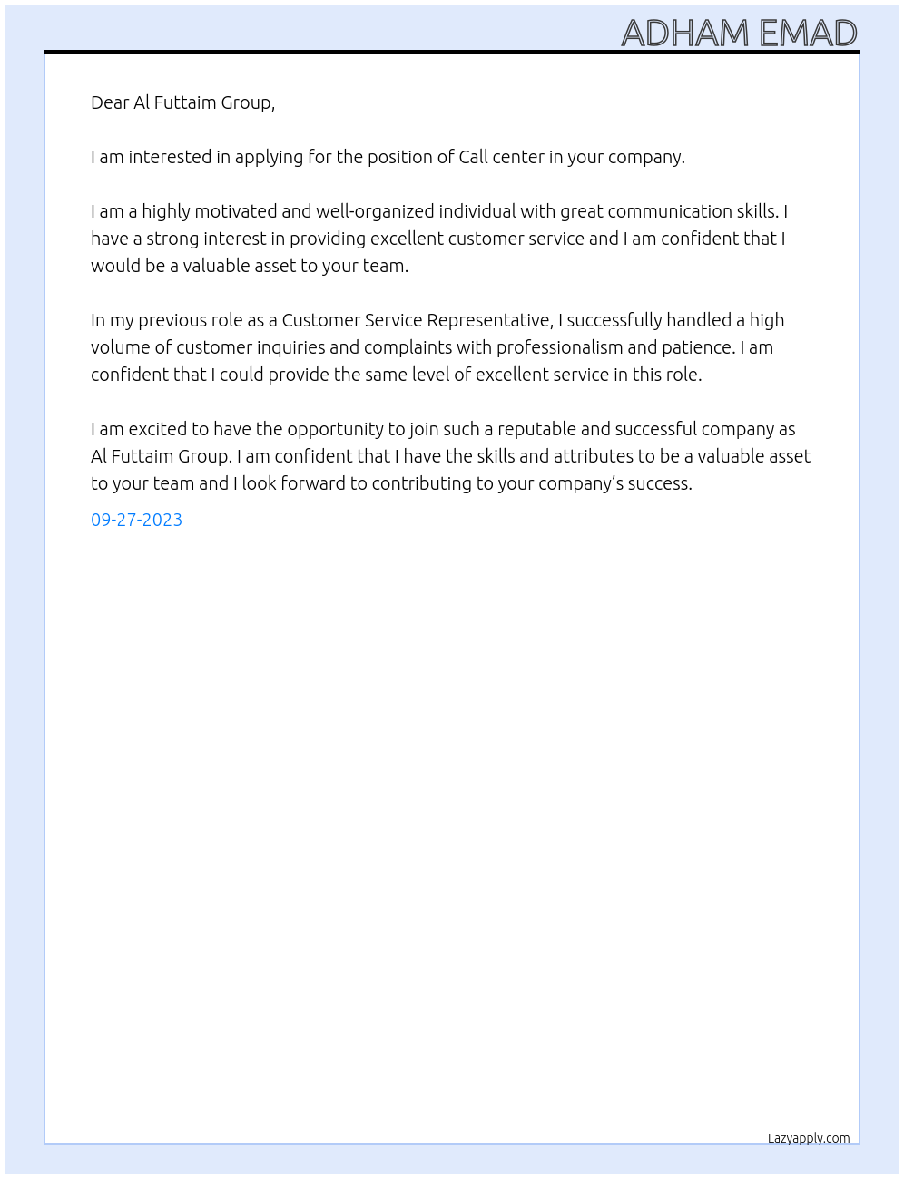 Call center At Al Futtaim Group Cover Letter