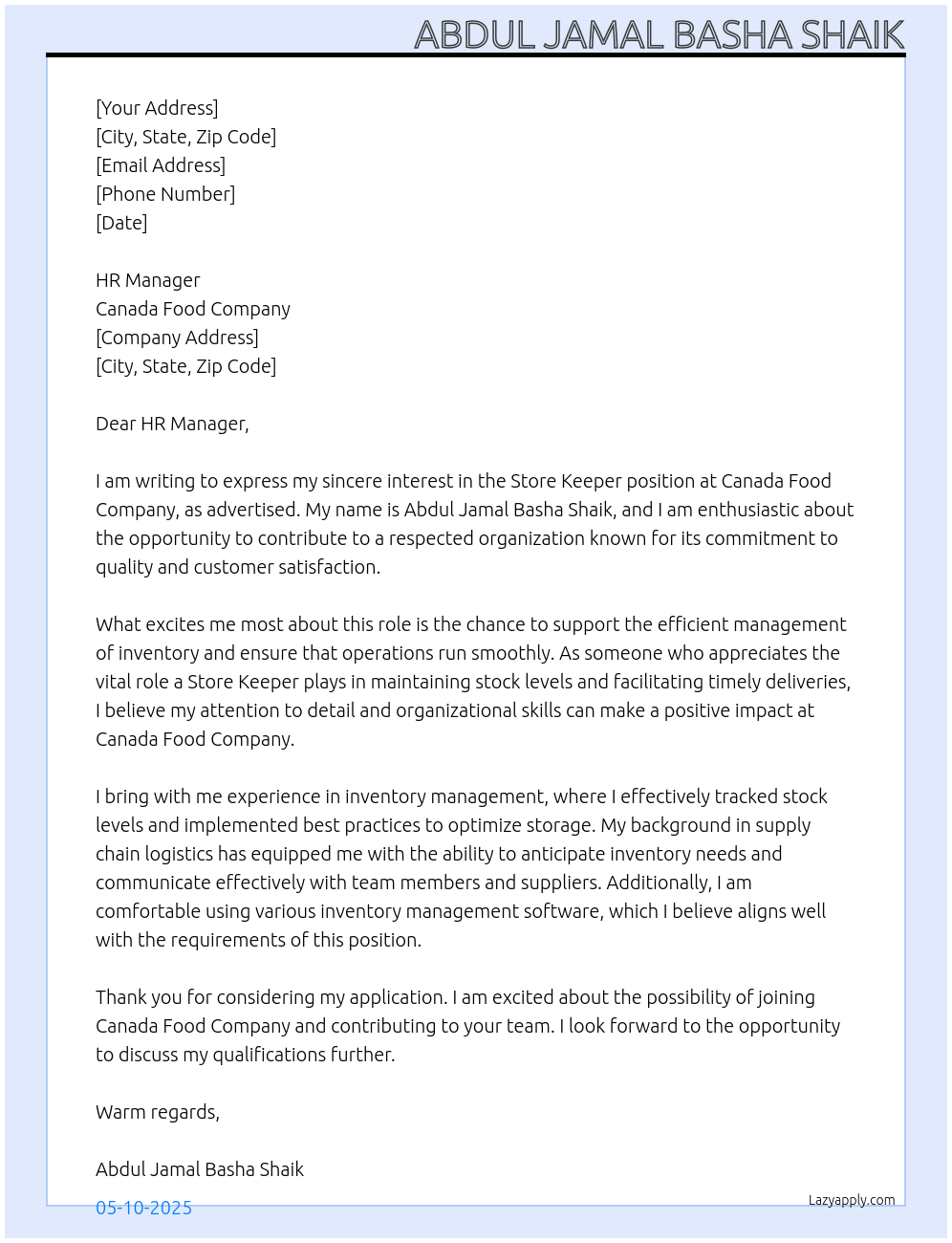 Store Keeper At canada food company Cover Letter