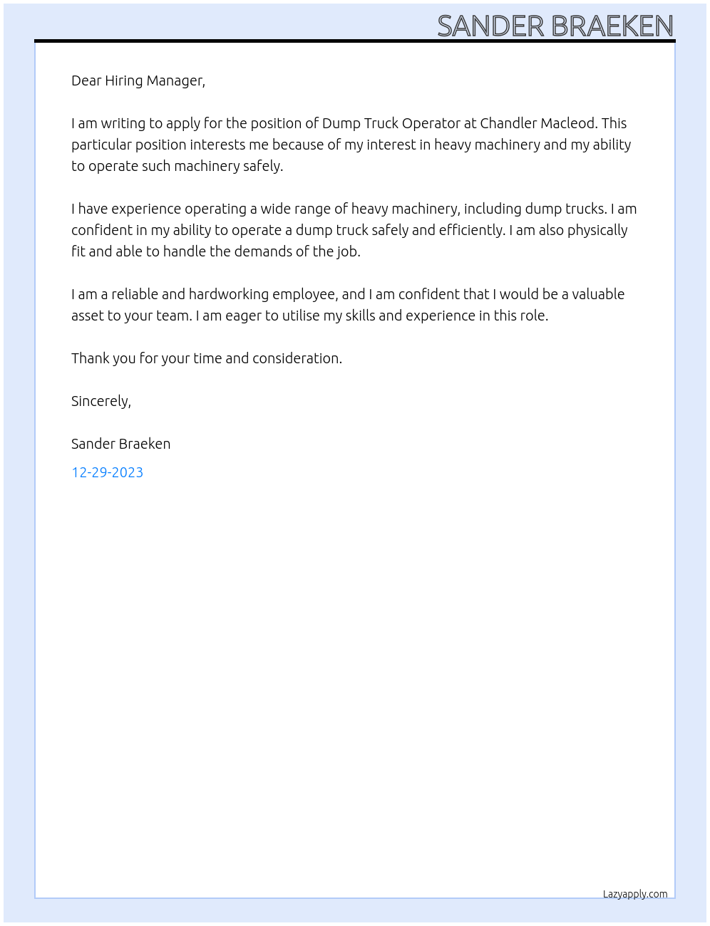 dump truck operator At Chandler Macleod Cover Letter
