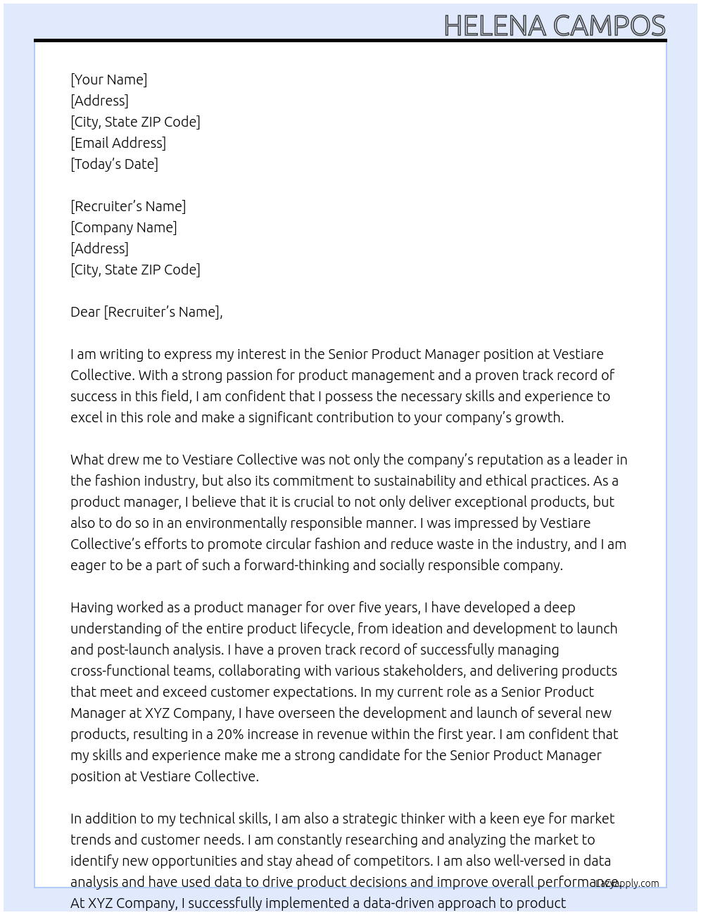 Senior Product Manager At Vestiare Collective Cover Letter