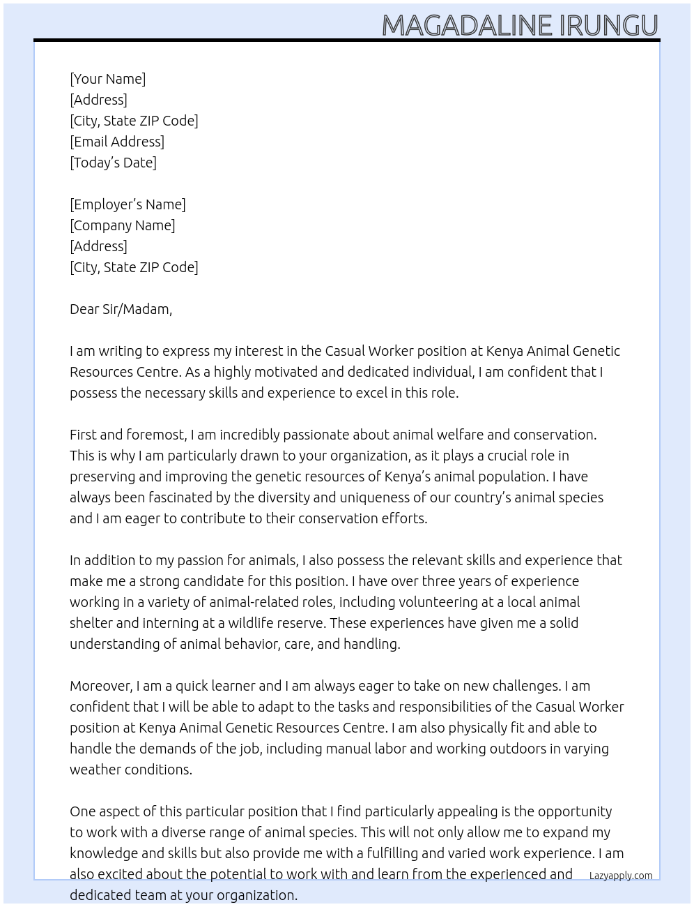 casual worker At Kenya Animal Gnetic Resources Centre Cover Letter