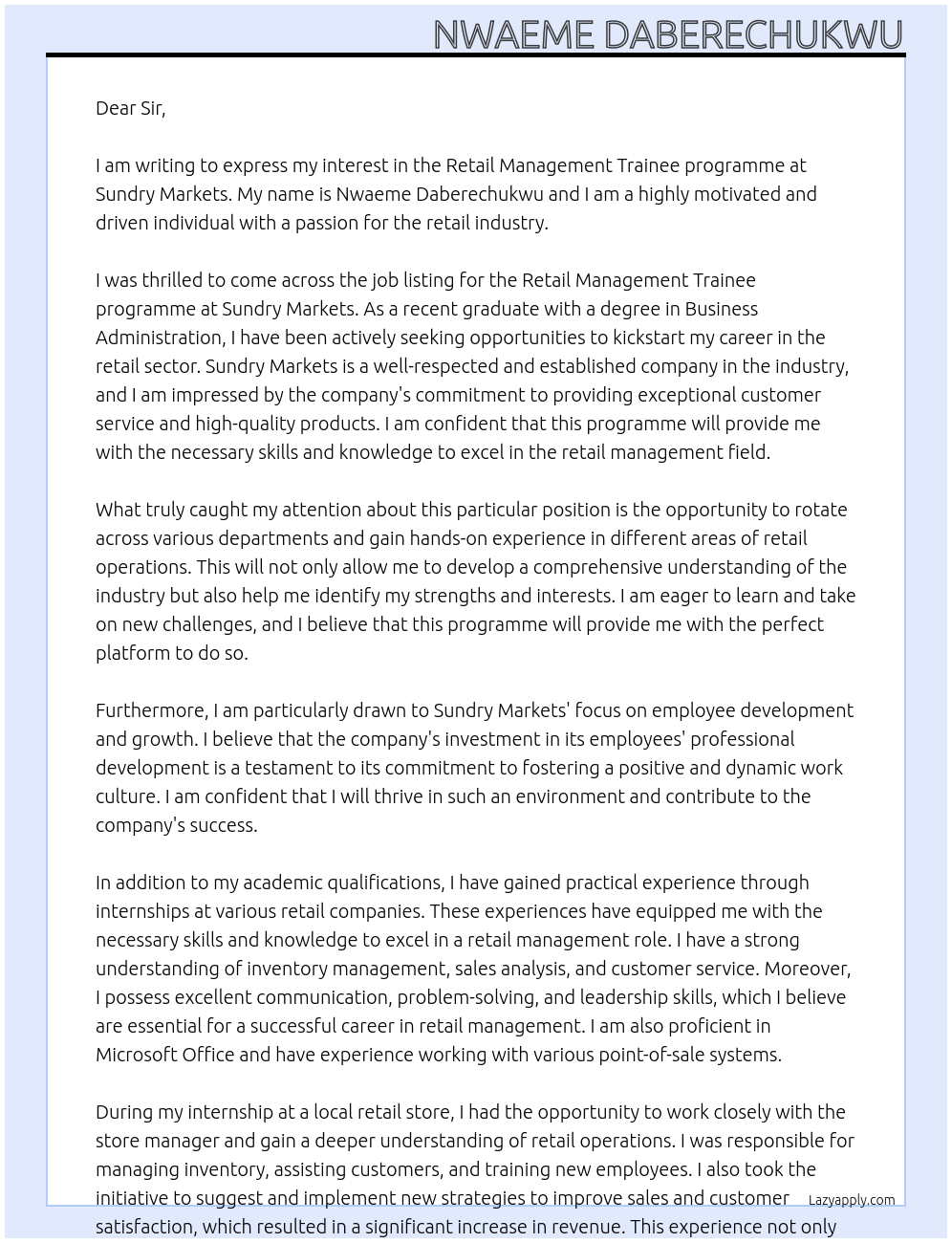 Retail Management Trainee programme At sundry markets Cover Letter