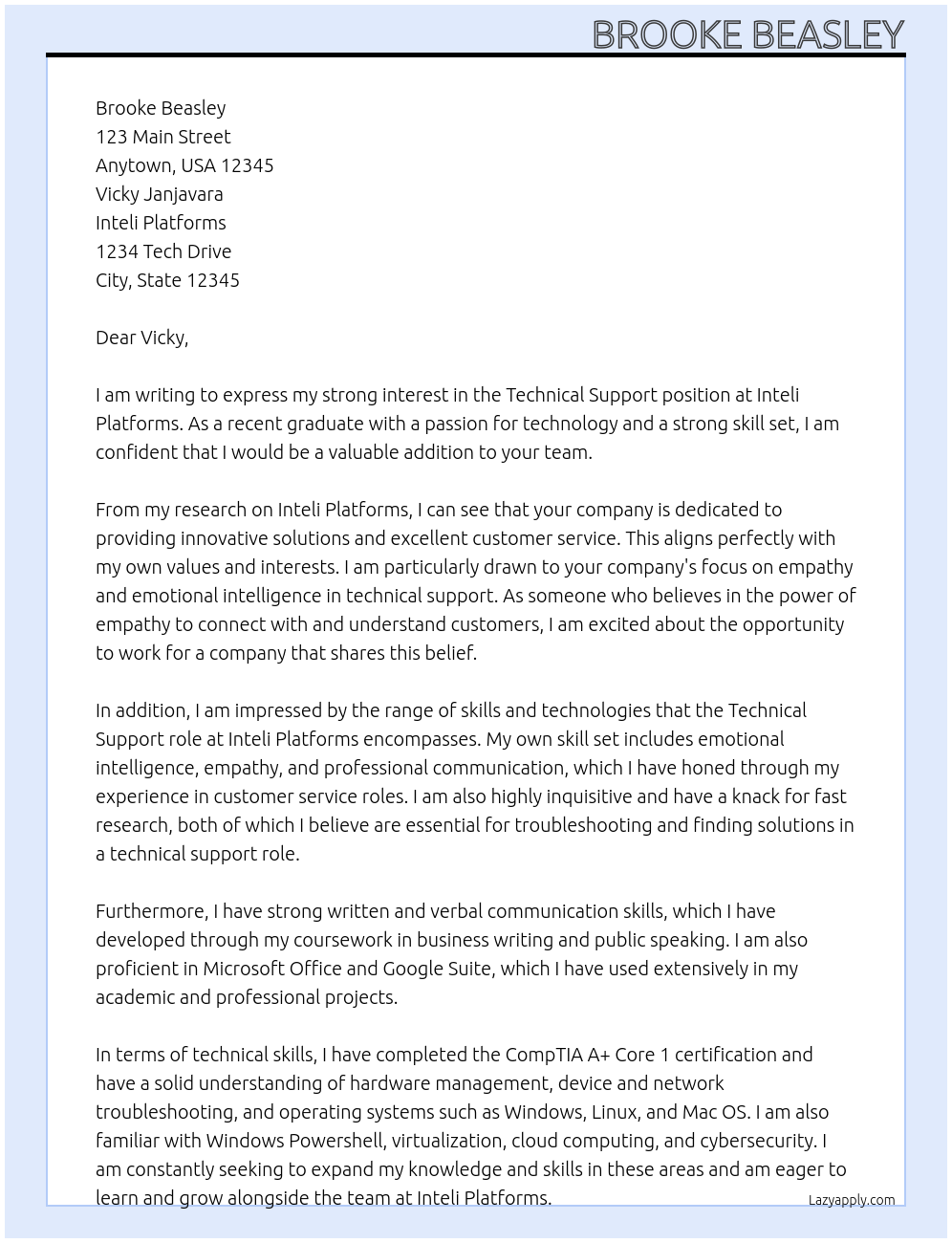 Technical Support At Inteli Platforms Cover Letter