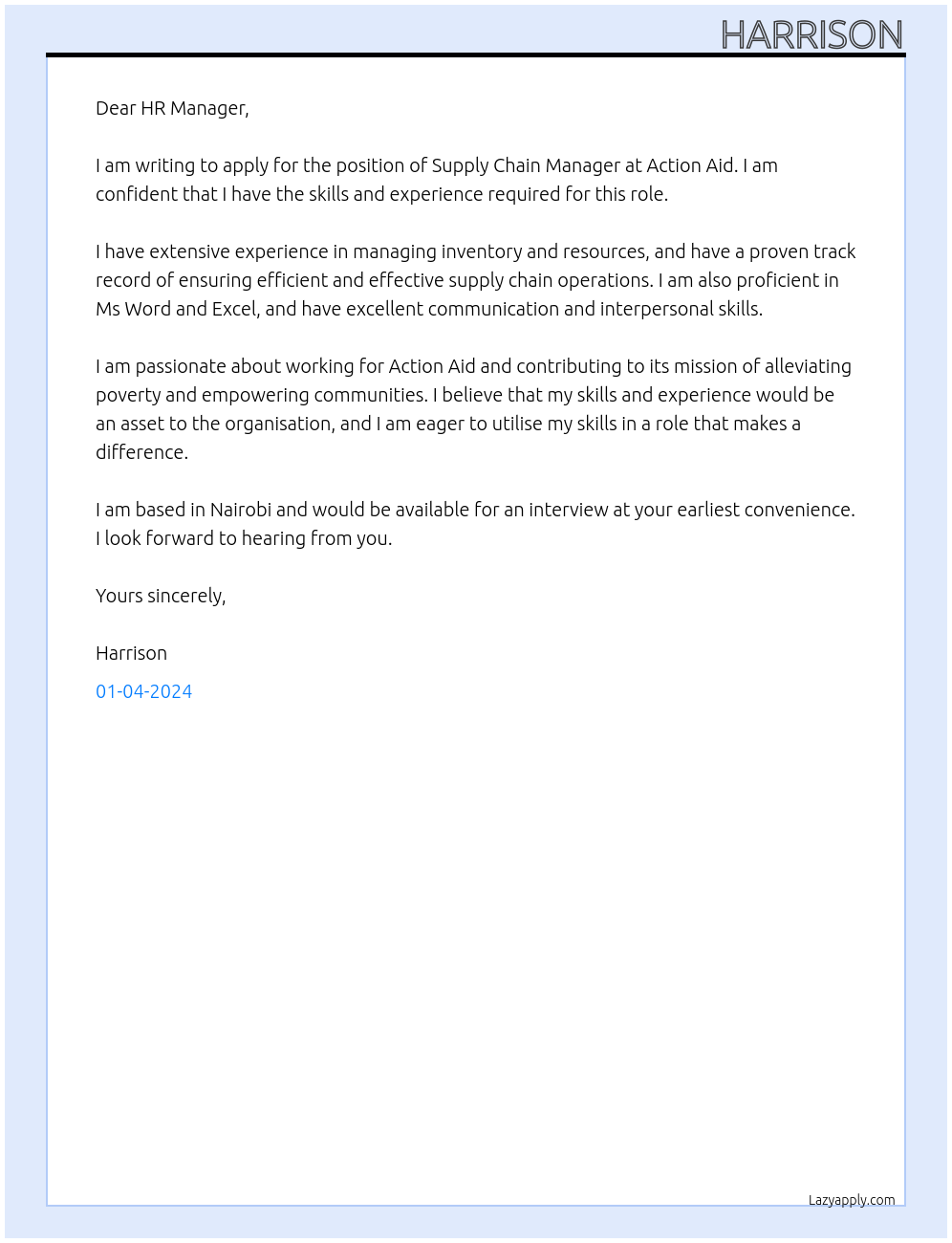 Supply Chain Manager At Action Aid Cover Letter