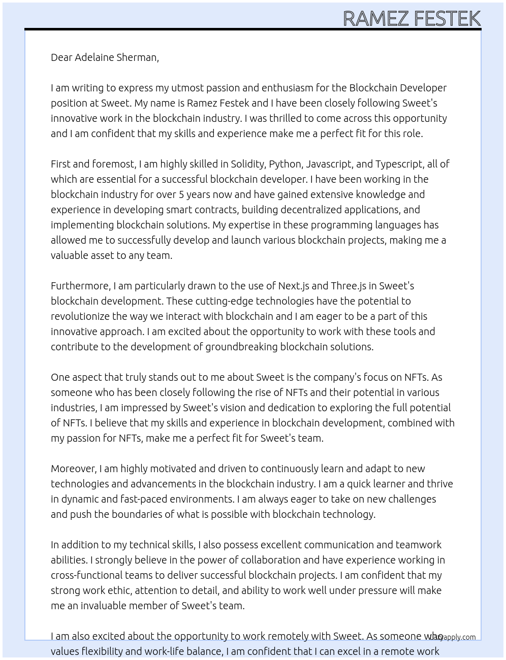 Blockchain Developer At Sweet Cover Letter