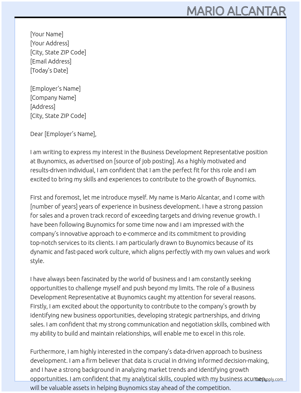 Business Development Representative At Buynomics Cover Letter