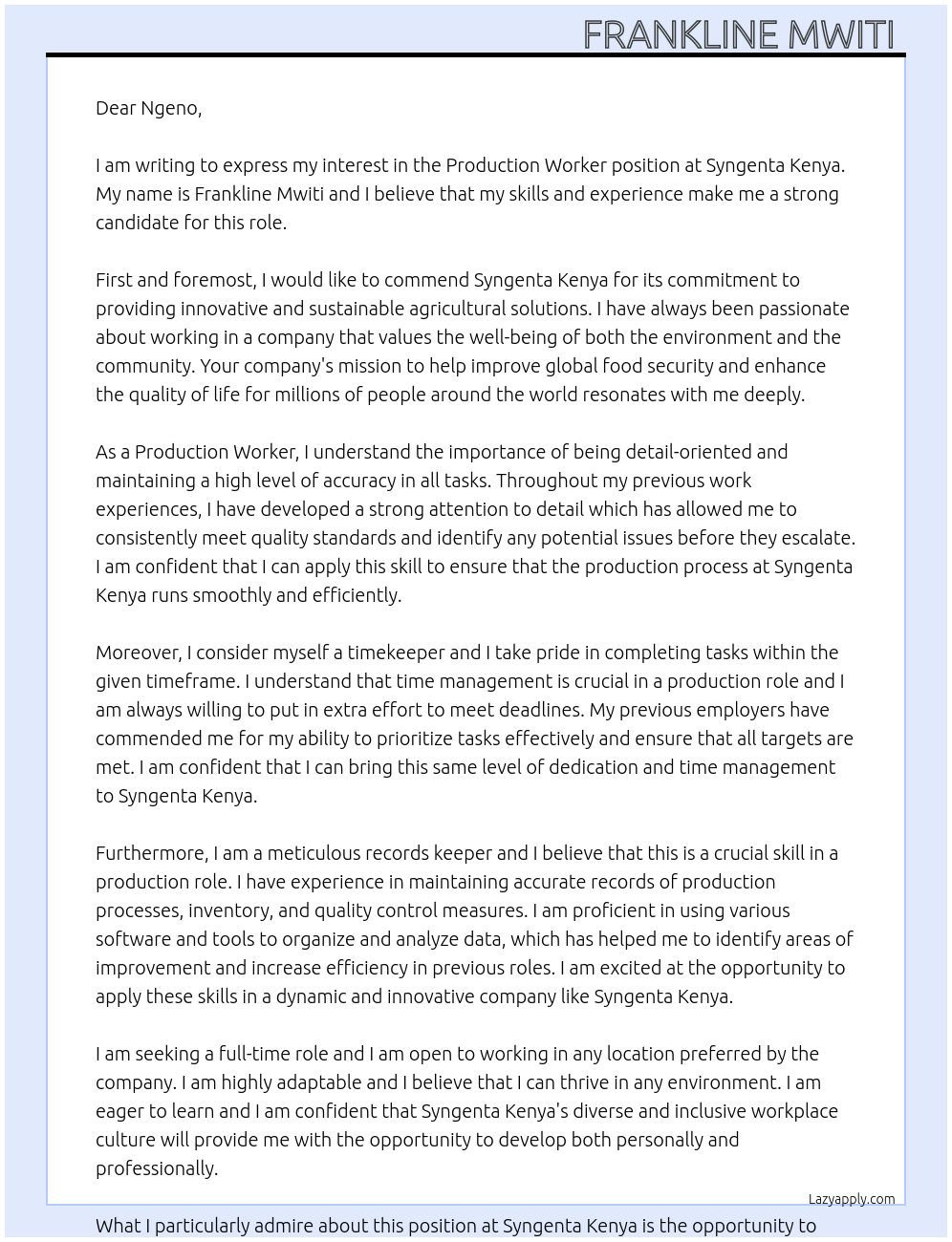 Production worker At syngenta kenya Cover Letter