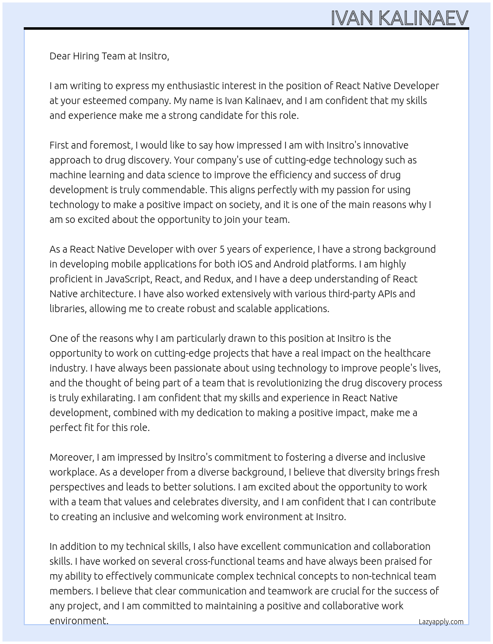 react native developer At Insitro Cover Letter