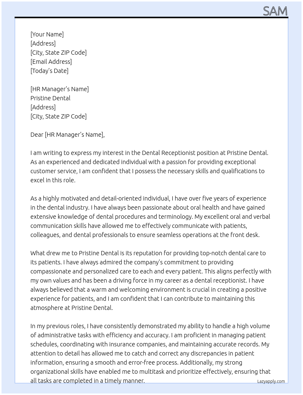 Dental receptionist At Pristine Dental Cover Letter