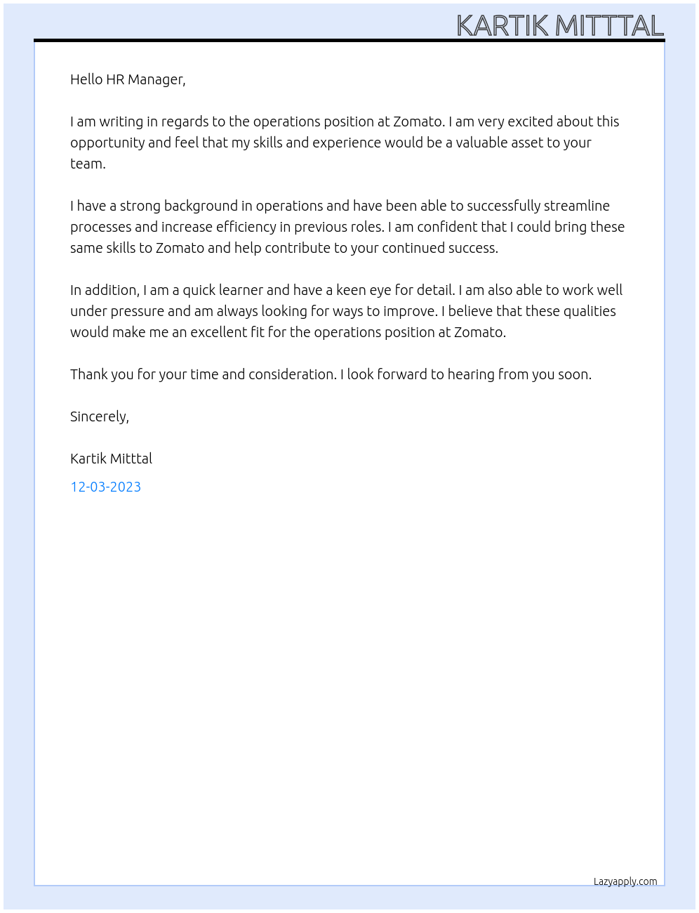 Operations At Zomato Cover Letter