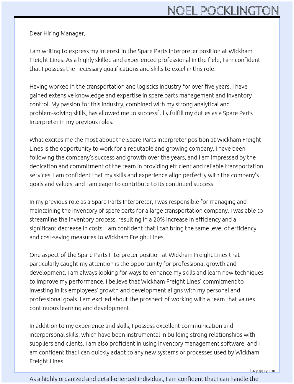 Cover letter for spare parts interpreter - LazyApply