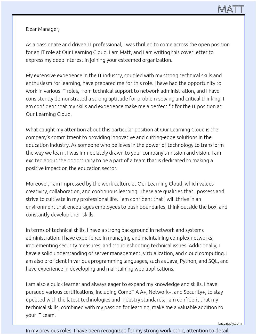 IT At Our Learning Cloud Cover Letter