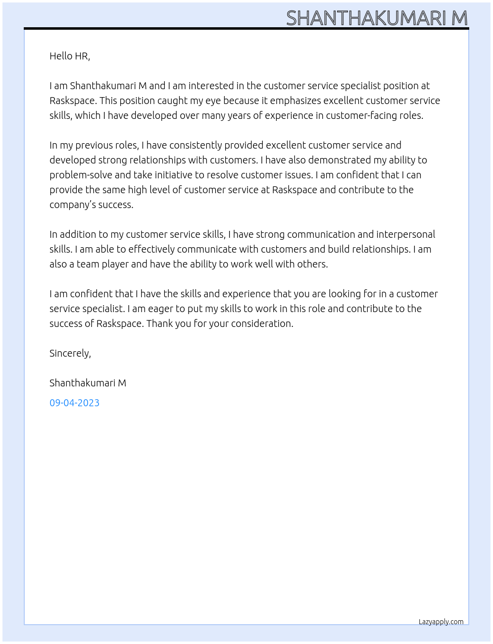 Customer service specialist At Raskspace Cover Letter
