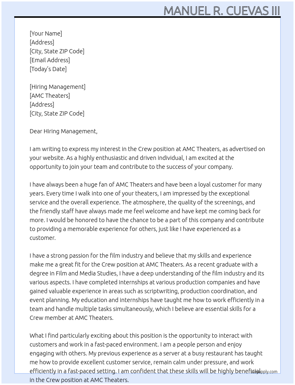 Crew At AMC Theaters Cover Letter