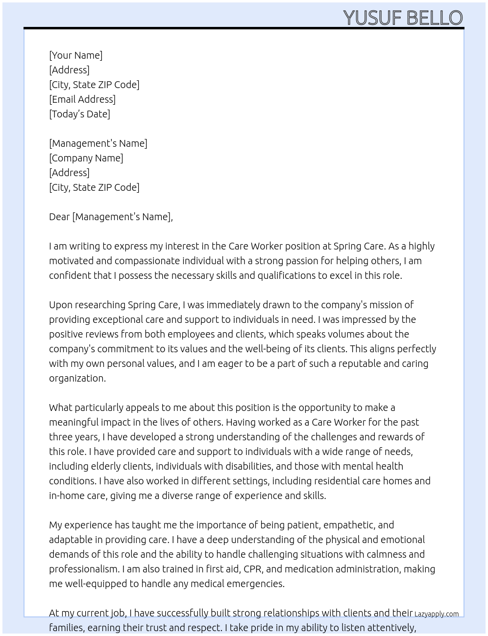 Care Worker At Spring Care Cover Letter