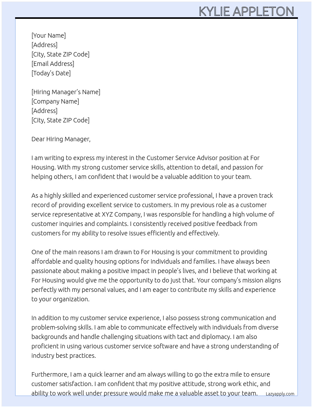 Customer service advisor At For Housing Cover Letter