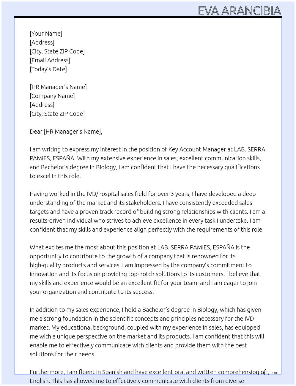 KEY ACCOUNT MANAGER At LAB. SERRA PAMIES, ESPAÑA Cover Letter