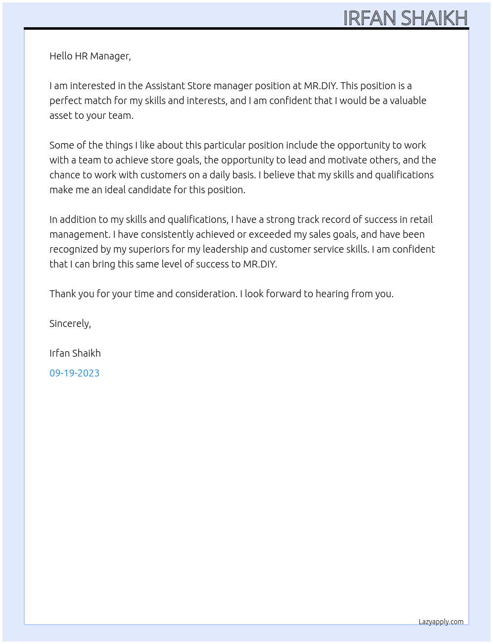 Assistant Store manager At MR .DIY Cover Letter